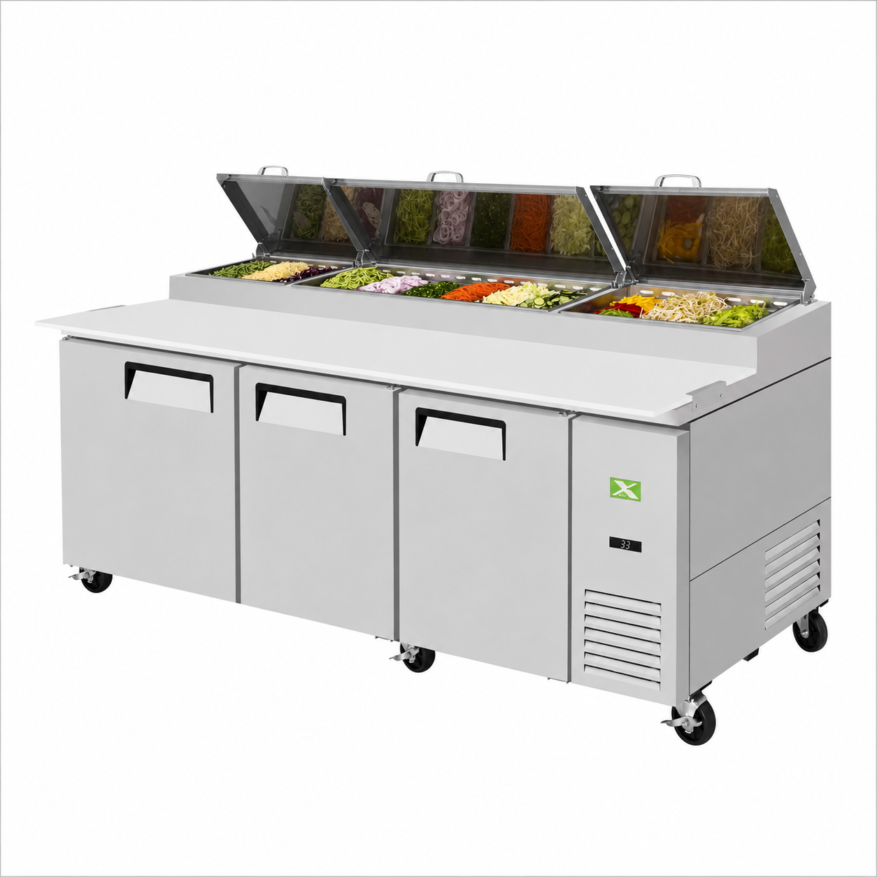 Three-Door Pizza Prep Table 93-1/8"W x 32-1/4"D x 36-1/2"H