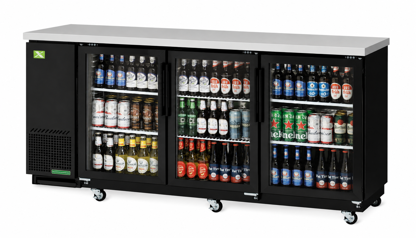 Three-Door Glass Back Bar Cooler – 73-1/8"W × 24-1/2"D – Black Vinyl